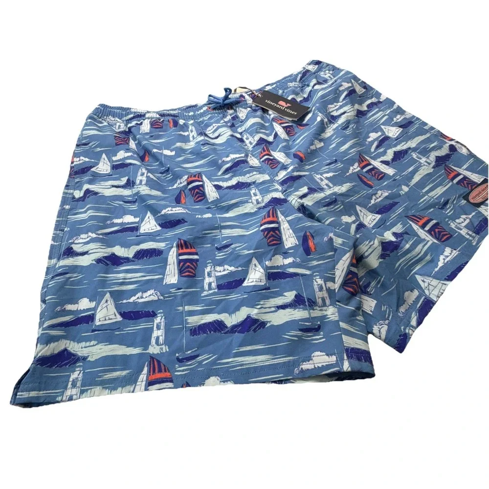 New Vineyard Vines Xl Sailboat Lighthouse Swim Trunks Costal Vacation Beach Mens